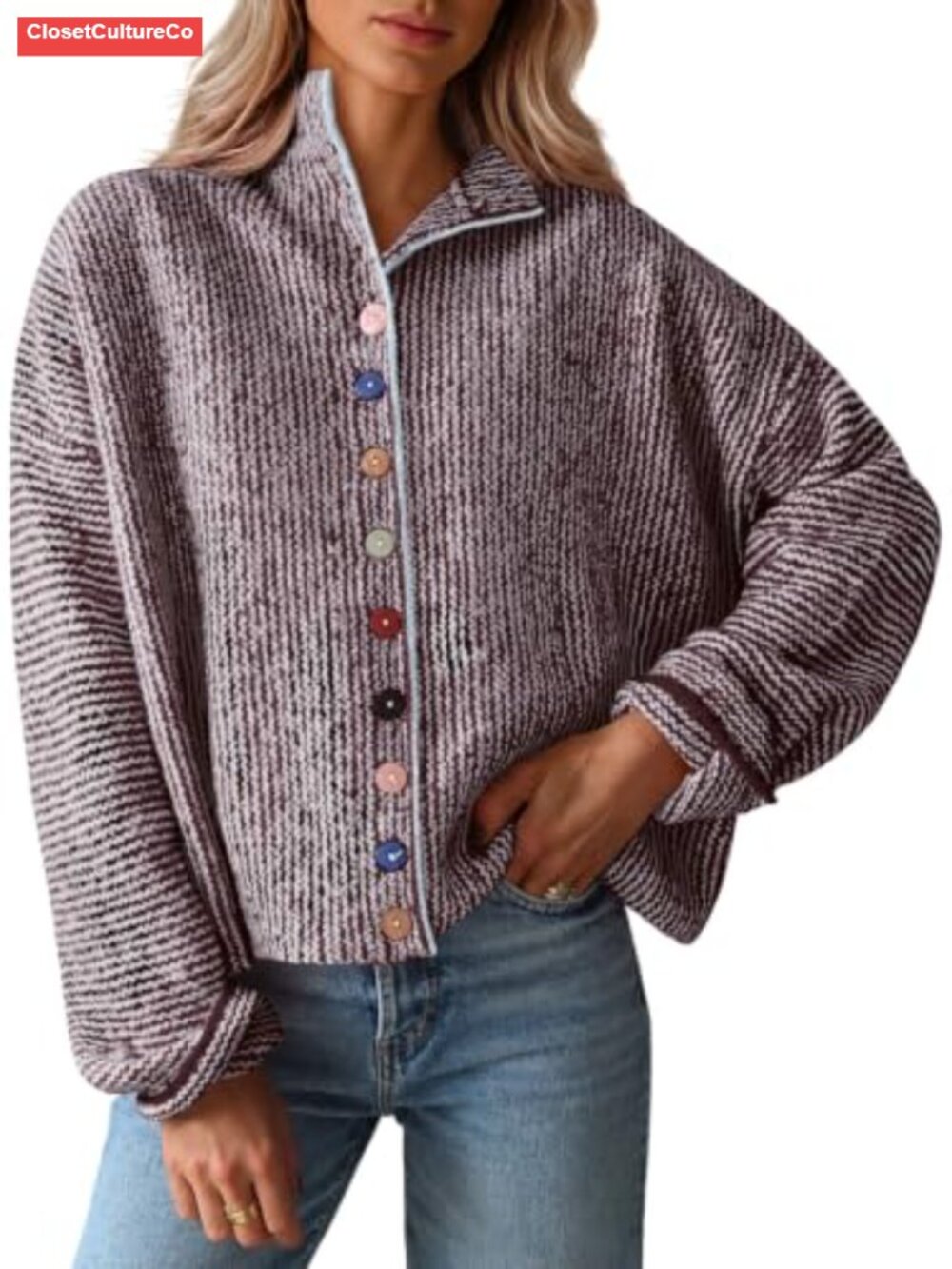 Striped Cardigan Sweater Long Sleeve Button Down Loose Fit Chunky Knit Women